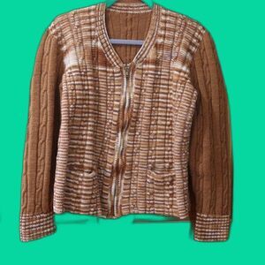 Vintage Handmade 70s Brown Plaid Chunky Knit Zip Cardigan Sweater LG